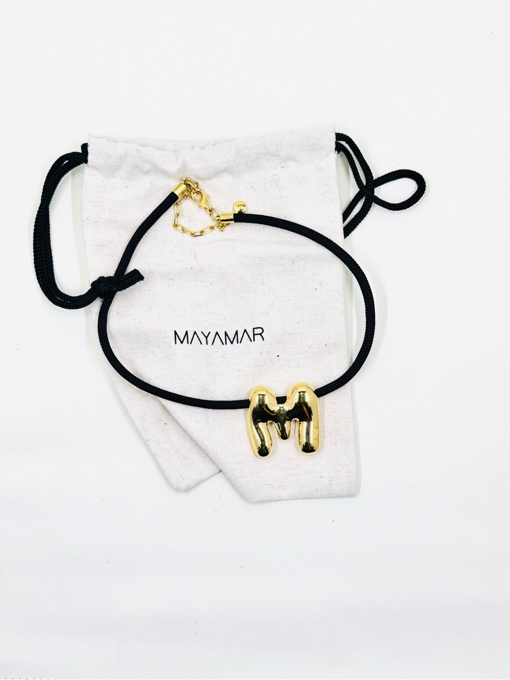 Mayamar Black Cord Necklace W/24k Gold Dipped Chunky 'M' Initial Pendant & Bag
